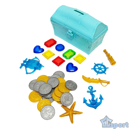 Тонущие (подводные) игрушки для бассейна Сундук с сокровищами (42 предмета), для ныряния и обучения плаванию, бирюзовый