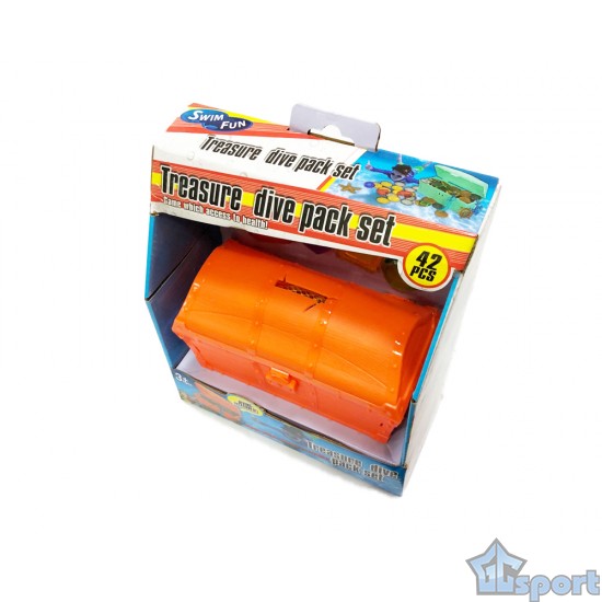 Тонущие (подводные) игрушки для бассейна Сундук с сокровищами (42 предмета), для ныряния и обучения плаванию, оранжевый