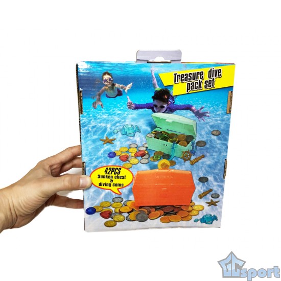 Тонущие (подводные) игрушки для бассейна Сундук с сокровищами (42 предмета), для ныряния и обучения плаванию, оранжевый